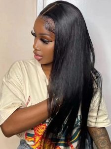 Black Medium Long Straight Hair Chemical Fiber T-shaped Front Lace Wig - Image 2
