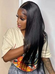 Black Medium Long Straight Hair Chemical Fiber T-shaped Front Lace Wig - Image 3