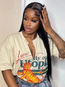 Black Medium Long Straight Hair Chemical Fiber T-shaped Front Lace Wig - Image 4