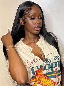 Black Medium Long Straight Hair Chemical Fiber T-shaped Front Lace Wig - Image 5